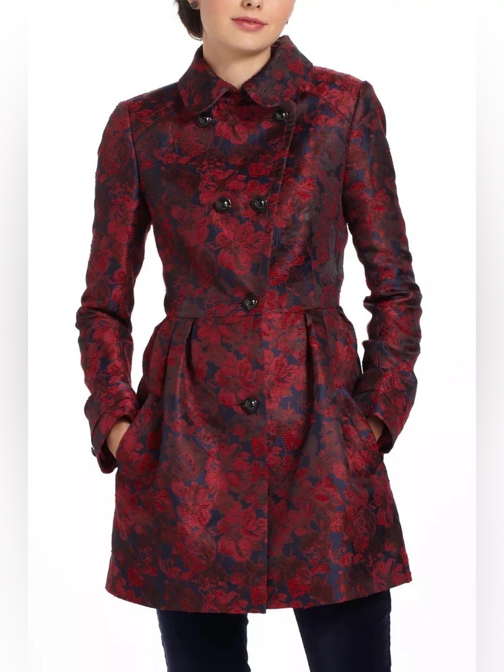 Anthro/Leifsdottir Berta Brocade Red/Navy Floral Coat
